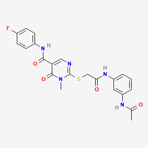 molecular formula C22H20FN5O4S B2877639 2-((2-((3-acetamidophenyl)amino)-2-oxoethyl)thio)-N-(4-fluorophenyl)-1-methyl-6-oxo-1,6-dihydropyrimidine-5-carboxamide CAS No. 894029-17-5