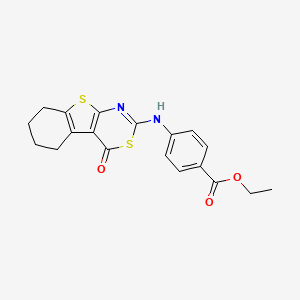 molecular formula C19H18N2O3S2 B2877652 Ethyl 4-[(4-oxo-5,6,7,8-tetrahydro-[1]benzothiolo[2,3-d][1,3]thiazin-2-yl)amino]benzoate CAS No. 941900-32-9