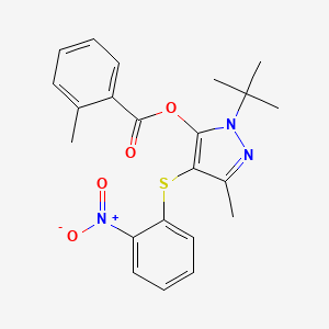 molecular formula C22H23N3O4S B2877730 1-(tert-butyl)-3-methyl-4-((2-nitrophenyl)thio)-1H-pyrazol-5-yl 2-methylbenzoate CAS No. 851127-49-6