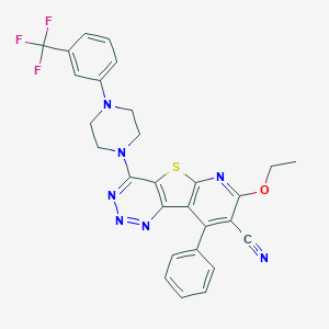 molecular formula C28H22F3N7OS B287785 4-[4-[3-(Trifluoromethyl)phenyl]piperazino]-7-ethoxy-9-phenylpyrido[3',2':4,5]thieno[3,2-d]-1,2,3-triazine-8-carbonitrile 