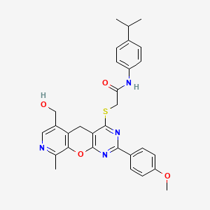 molecular formula C30H30N4O4S B2877868 2-((6-(羟甲基)-2-(4-甲氧基苯基)-9-甲基-5H-吡啶并[4',3':5,6]吡喃并[2,3-d]嘧啶-4-基)硫代)-N-(4-异丙基苯基)乙酰胺 CAS No. 867040-78-6