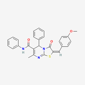 molecular formula C28H23N3O3S B2877875 (E)-2-(4-methoxybenzylidene)-7-methyl-3-oxo-N,5-diphenyl-3,5-dihydro-2H-thiazolo[3,2-a]pyrimidine-6-carboxamide CAS No. 182171-09-1
