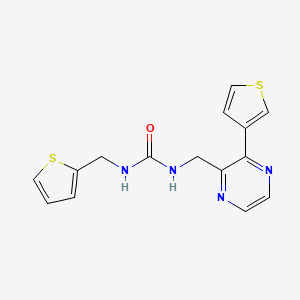 molecular formula C15H14N4OS2 B2877920 1-(Thiophen-2-ylmethyl)-3-((3-(thiophen-3-yl)pyrazin-2-yl)methyl)urea CAS No. 2034470-61-4
