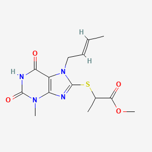 molecular formula C14H18N4O4S B2877952 2-[7-[(E)-丁-2-烯基]-3-甲基-2,6-二氧代嘌呤-8-基]硫代丙酸甲酯 CAS No. 483277-33-4
