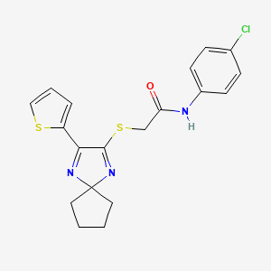 molecular formula C19H18ClN3OS2 B2877957 N-(4-chlorophenyl)-2-((3-(thiophen-2-yl)-1,4-diazaspiro[4.4]nona-1,3-dien-2-yl)thio)acetamide CAS No. 1223944-64-6