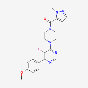 molecular formula C20H21FN6O2 B2878015 [4-[5-Fluoro-6-(4-methoxyphenyl)pyrimidin-4-yl]piperazin-1-yl]-(2-methylpyrazol-3-yl)methanone CAS No. 2380085-48-1