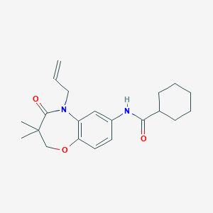 molecular formula C21H28N2O3 B2878093 N-(5-烯丙基-3,3-二甲基-4-氧代-2,3,4,5-四氢苯并[b][1,4]恶杂环庚-7-基)环己烷甲酰胺 CAS No. 921863-51-6