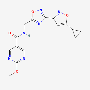 molecular formula C15H14N6O4 B2878105 N-((3-(5-cyclopropylisoxazol-3-yl)-1,2,4-oxadiazol-5-yl)methyl)-2-methoxypyrimidine-5-carboxamide CAS No. 1904367-62-9