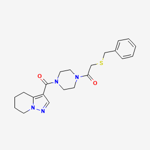 molecular formula C21H26N4O2S B2878121 2-(Benzylthio)-1-(4-(4,5,6,7-tetrahydropyrazolo[1,5-a]pyridine-3-carbonyl)piperazin-1-yl)ethanone CAS No. 2034245-75-3