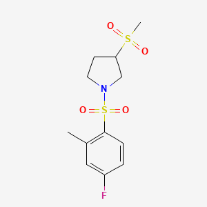 molecular formula C12H16FNO4S2 B2878150 1-((4-Fluoro-2-methylphenyl)sulfonyl)-3-(methylsulfonyl)pyrrolidine CAS No. 1706327-97-0