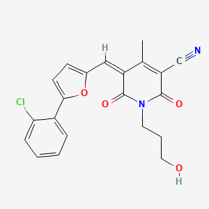molecular formula C21H17ClN2O4 B2878170 5-{[5-(2-Chlorophenyl)-2-furyl]methylene}-1-(3-hydroxypropyl)-4-methyl-2,6-dioxo-1,2,5,6-tetrahydro-3-pyridinecarbonitrile CAS No. 879928-11-7