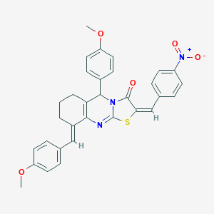 molecular formula C32H27N3O5S B287820 2-{4-nitrobenzylidene}-9-(4-methoxybenzylidene)-5-(4-methoxyphenyl)-6,7,8,9-tetrahydro-5H-[1,3]thiazolo[2,3-b]quinazolin-3(2H)-one 