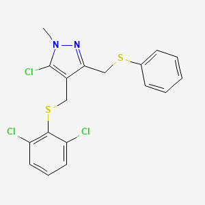 molecular formula C18H15Cl3N2S2 B2878208 5-氯-4-{[(2,6-二氯苯基)硫代]甲基}-1-甲基-3-[(苯硫代)甲基]-1H-吡唑 CAS No. 318248-72-5