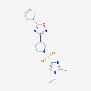 molecular formula C16H19N5O3S2 B2878257 3-(1-((1-ethyl-2-methyl-1H-imidazol-4-yl)sulfonyl)pyrrolidin-3-yl)-5-(thiophen-2-yl)-1,2,4-oxadiazole CAS No. 2034278-29-8