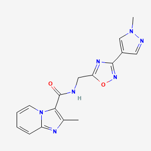 molecular formula C16H15N7O2 B2878265 2-methyl-N-((3-(1-methyl-1H-pyrazol-4-yl)-1,2,4-oxadiazol-5-yl)methyl)imidazo[1,2-a]pyridine-3-carboxamide CAS No. 2034559-61-8