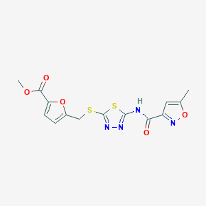 molecular formula C14H12N4O5S2 B2878303 Methyl 5-(((5-(5-methylisoxazole-3-carboxamido)-1,3,4-thiadiazol-2-yl)thio)methyl)furan-2-carboxylate CAS No. 1226456-39-8