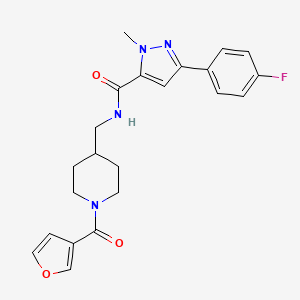 molecular formula C22H23FN4O3 B2878314 3-(4-氟苯基)-N-((1-(呋喃-3-羰基)哌啶-4-基)甲基)-1-甲基-1H-吡唑-5-甲酰胺 CAS No. 1396673-85-0