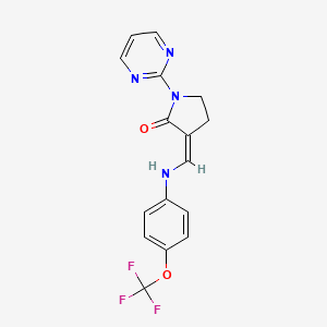molecular formula C16H13F3N4O2 B2878318 1-(2-嘧啶基)-3-{[4-(三氟甲氧基)苯胺基]亚甲基}-2-吡咯烷酮 CAS No. 1164518-09-5