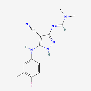 molecular formula C14H15FN6 B2878405 N'-[4-cyano-3-(4-fluoro-3-methylanilino)-1H-pyrazol-5-yl]-N,N-dimethyliminoformamide CAS No. 1106699-25-5