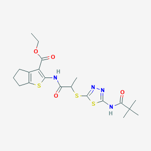 molecular formula C20H26N4O4S3 B2878410 ethyl 2-(2-((5-pivalamido-1,3,4-thiadiazol-2-yl)thio)propanamido)-5,6-dihydro-4H-cyclopenta[b]thiophene-3-carboxylate CAS No. 477579-90-1