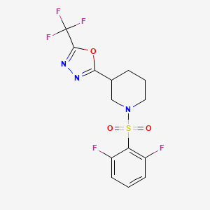 molecular formula C14H12F5N3O3S B2878416 2-(1-((2,6-Difluorophenyl)sulfonyl)piperidin-3-yl)-5-(trifluoromethyl)-1,3,4-oxadiazole CAS No. 1396683-38-7