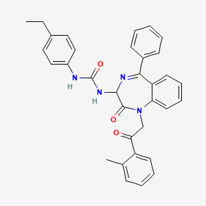 molecular formula C33H30N4O3 B2878433 N-(2,5-diaza-2-(2-(2-methylphenyl)-2-oxoethyl)-3-oxo-6-phenylbicyclo[5.4.0]undeca-1(7),5,8,10-tetraen-4-yl)((4-ethylphenyl)amino)formamide CAS No. 1796922-81-0