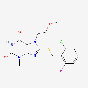 molecular formula C16H16ClFN4O3S B2878455 8-((2-chloro-6-fluorobenzyl)thio)-7-(2-methoxyethyl)-3-methyl-1H-purine-2,6(3H,7H)-dione CAS No. 442864-59-7