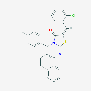 molecular formula C28H21ClN2OS B287848 10-(2-chlorobenzylidene)-7-(4-methylphenyl)-5,7-dihydro-6H-benzo[h][1,3]thiazolo[2,3-b]quinazolin-9(10H)-one 