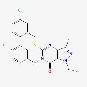 molecular formula C22H20Cl2N4OS B2878591 6-(4-chlorobenzyl)-5-((3-chlorobenzyl)thio)-1-ethyl-3-methyl-1H-pyrazolo[4,3-d]pyrimidin-7(6H)-one CAS No. 1358708-68-5