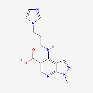 molecular formula C14H16N6O2 B2878598 4-{[3-(1H-咪唑-1-基)丙基]氨基}-1-甲基-1H-吡唑并[3,4-b]吡啶-5-羧酸 CAS No. 866040-12-2