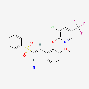 molecular formula C22H14ClF3N2O4S B2878637 (E)-2-(苯磺酰基)-3-[2-[3-氯-5-(三氟甲基)吡啶-2-基]氧基-3-甲氧苯基]丙-2-enenitrile CAS No. 1025259-86-2