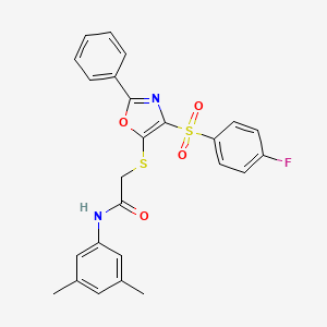 molecular formula C25H21FN2O4S2 B2878666 N-(3,5-dimethylphenyl)-2-((4-((4-fluorophenyl)sulfonyl)-2-phenyloxazol-5-yl)thio)acetamide CAS No. 850926-00-0