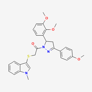 molecular formula C29H29N3O4S B2878694 1-[3-(2,3-Dimethoxyphenyl)-5-(4-methoxyphenyl)-3,4-dihydropyrazol-2-yl]-2-(1-methylindol-3-yl)sulfanylethanone CAS No. 681280-17-1