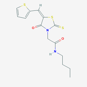 molecular formula C14H16N2O2S3 B2878788 (E)-N-butyl-2-(4-oxo-5-(thiophen-2-ylmethylene)-2-thioxothiazolidin-3-yl)acetamide CAS No. 682782-99-6