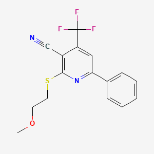 molecular formula C16H13F3N2OS B2878808 2-((2-Methoxyethyl)thio)-6-phenyl-4-(trifluoromethyl)nicotinonitrile CAS No. 905786-86-9