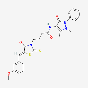 molecular formula C26H26N4O4S2 B2878850 (Z)-N-(1,5-dimethyl-3-oxo-2-phenyl-2,3-dihydro-1H-pyrazol-4-yl)-4-(5-(3-methoxybenzylidene)-4-oxo-2-thioxothiazolidin-3-yl)butanamide CAS No. 476667-66-0
