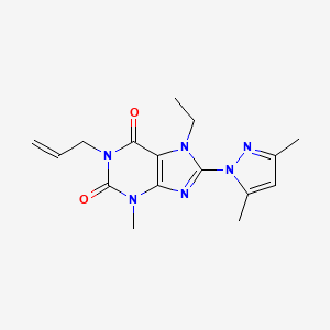 molecular formula C16H20N6O2 B2878883 8-(3,5-dimethyl-1H-pyrazol-1-yl)-7-ethyl-3-methyl-1-(prop-2-en-1-yl)-2,3,6,7-tetrahydro-1H-purine-2,6-dione CAS No. 1013875-11-0