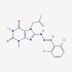 molecular formula C18H18ClFN6O2 B2878913 8-{[(1E)-2-(2-chloro-6-fluorophenyl)-1-azavinyl]amino}-1,3-dimethyl-7-(2-methy lprop-2-enyl)-1,3,7-trihydropurine-2,6-dione CAS No. 398997-37-0