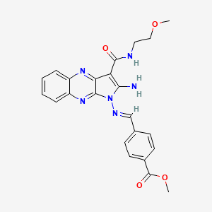 molecular formula C23H22N6O4 B2878919 (E)-methyl 4-(((2-amino-3-((2-methoxyethyl)carbamoyl)-1H-pyrrolo[2,3-b]quinoxalin-1-yl)imino)methyl)benzoate CAS No. 836635-81-5