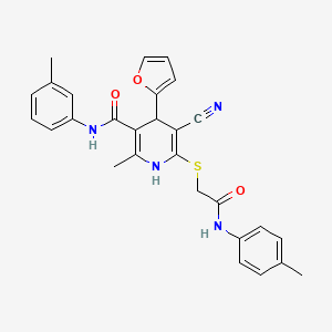 molecular formula C28H26N4O3S B2878935 5-cyano-4-(furan-2-yl)-2-methyl-N-(3-methylphenyl)-6-({2-[(4-methylphenyl)amino]-2-oxoethyl}sulfanyl)-1,4-dihydropyridine-3-carboxamide CAS No. 865591-85-1