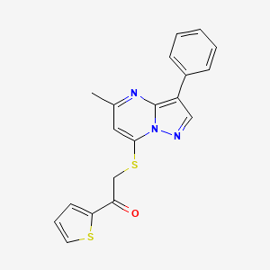 molecular formula C19H15N3OS2 B2879064 2-((5-Methyl-3-phenylpyrazolo[1,5-a]pyrimidin-7-yl)thio)-1-(thiophen-2-yl)ethanone CAS No. 877805-40-8