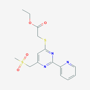 molecular formula C15H17N3O4S2 B2879086 Ethyl 2-((6-((methylsulfonyl)methyl)-2-(2-pyridinyl)-4-pyrimidinyl)sulfanyl)acetate CAS No. 478031-55-9