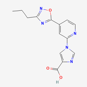 molecular formula C14H13N5O3 B2879102 1-[4-(3-propyl-1,2,4-oxadiazol-5-yl)pyridin-2-yl]-1H-imidazole-4-carboxylic acid CAS No. 1338651-95-8