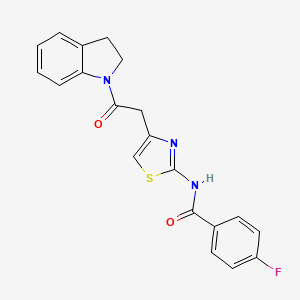 molecular formula C20H16FN3O2S B2879107 4-fluoro-N-(4-(2-(indolin-1-yl)-2-oxoethyl)thiazol-2-yl)benzamide CAS No. 921778-85-0