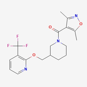 molecular formula C18H20F3N3O3 B2879109 (3,5-Dimethyl-1,2-oxazol-4-yl)-[3-[[3-(trifluoromethyl)pyridin-2-yl]oxymethyl]piperidin-1-yl]methanone CAS No. 2380067-63-8