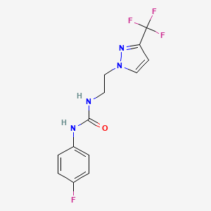 molecular formula C13H12F4N4O B2879112 1-(4-氟苯基)-3-(2-(3-(三氟甲基)-1H-吡唑-1-基)乙基)脲 CAS No. 1448077-89-1