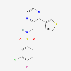 molecular formula C15H11ClFN3O2S2 B2879125 3-chloro-4-fluoro-N-((3-(thiophen-3-yl)pyrazin-2-yl)methyl)benzenesulfonamide CAS No. 2034539-20-1