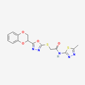 molecular formula C15H13N5O4S2 B2879126 2-((5-(2,3-dihydrobenzo[b][1,4]dioxin-2-yl)-1,3,4-oxadiazol-2-yl)thio)-N-(5-methyl-1,3,4-thiadiazol-2-yl)acetamide CAS No. 1172450-85-9