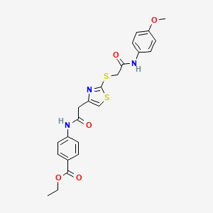 molecular formula C23H23N3O5S2 B2879138 Ethyl 4-(2-(2-((2-((4-methoxyphenyl)amino)-2-oxoethyl)thio)thiazol-4-yl)acetamido)benzoate CAS No. 942000-64-8