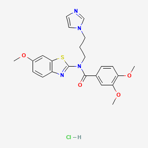 molecular formula C23H25ClN4O4S B2879163 N-(3-(1H-imidazol-1-yl)propyl)-3,4-dimethoxy-N-(6-methoxybenzo[d]thiazol-2-yl)benzamide hydrochloride CAS No. 1215755-40-0